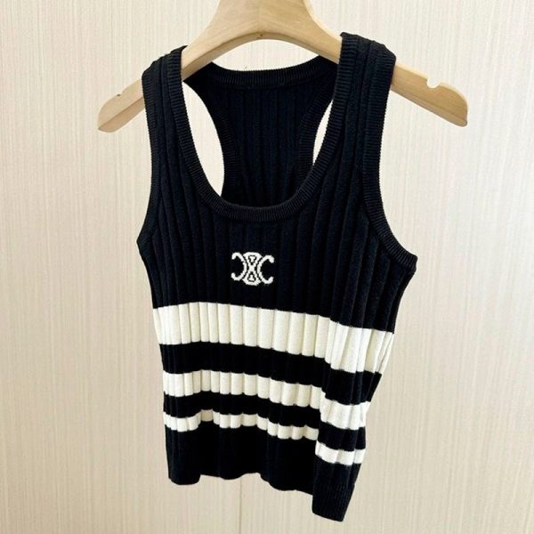 C-Striped Embroidered U-neck Halter Top(NU3150)C-Striped Embroidered U-neck Halter Top(NU3150)