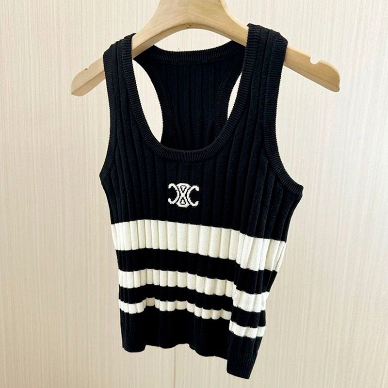 C-Striped Embroidered U-neck Halter Top(NU3150)C-Striped Embroidered U-neck Halter Top(NU3150)